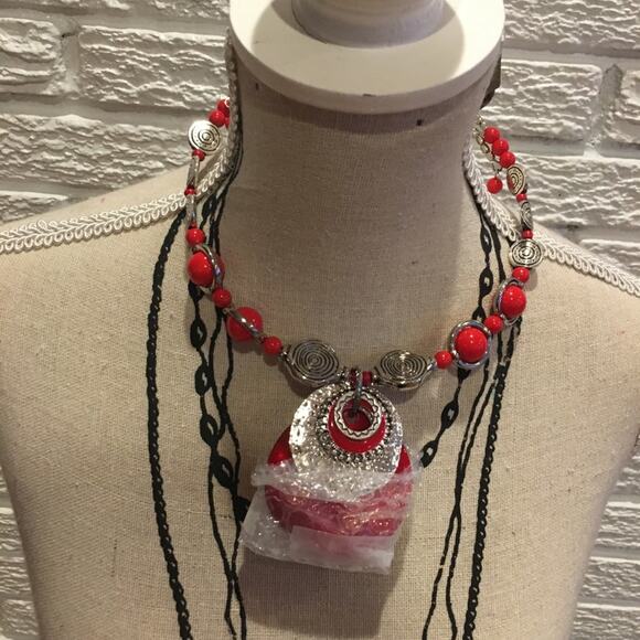 Zevar by Treska Round Necklace Red Silver - Picture 1 of 11